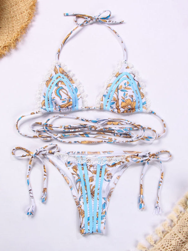 Women's Floral Lace-Up Knit Bikini Set - summababe